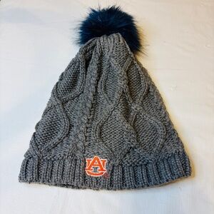 Auburn University Grey Cable Knit Pom Beanie with Navy Faux-Fur Pom